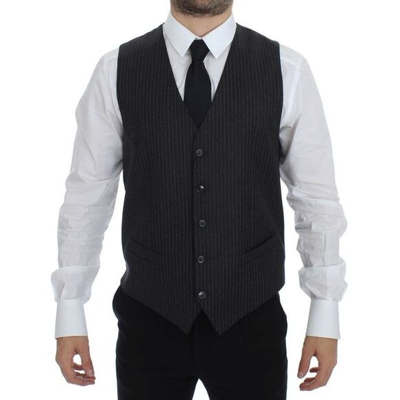 Dolce & Gabbana Gray Striped Wool Single Breasted Men's Vest